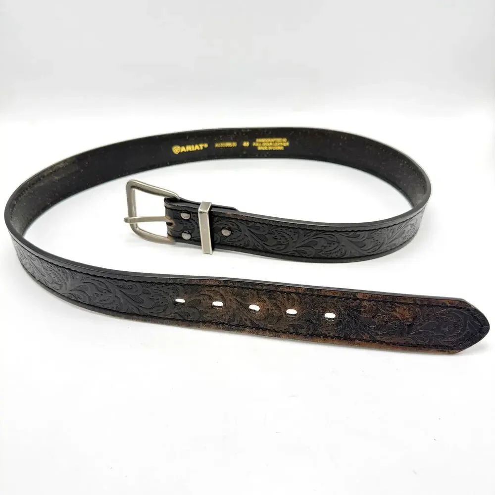 Ariat Floral Tooled Black Leather Western Belt 40 Distressed Cowboy Handcrafted
